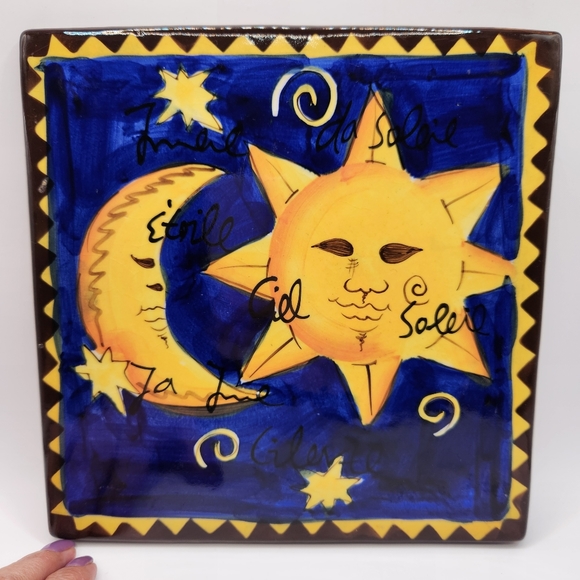Hausen Ware Painted Celestial Sun Moon Stars Glazed Ceramic Trivet/Wall Decor - Picture 1 of 8